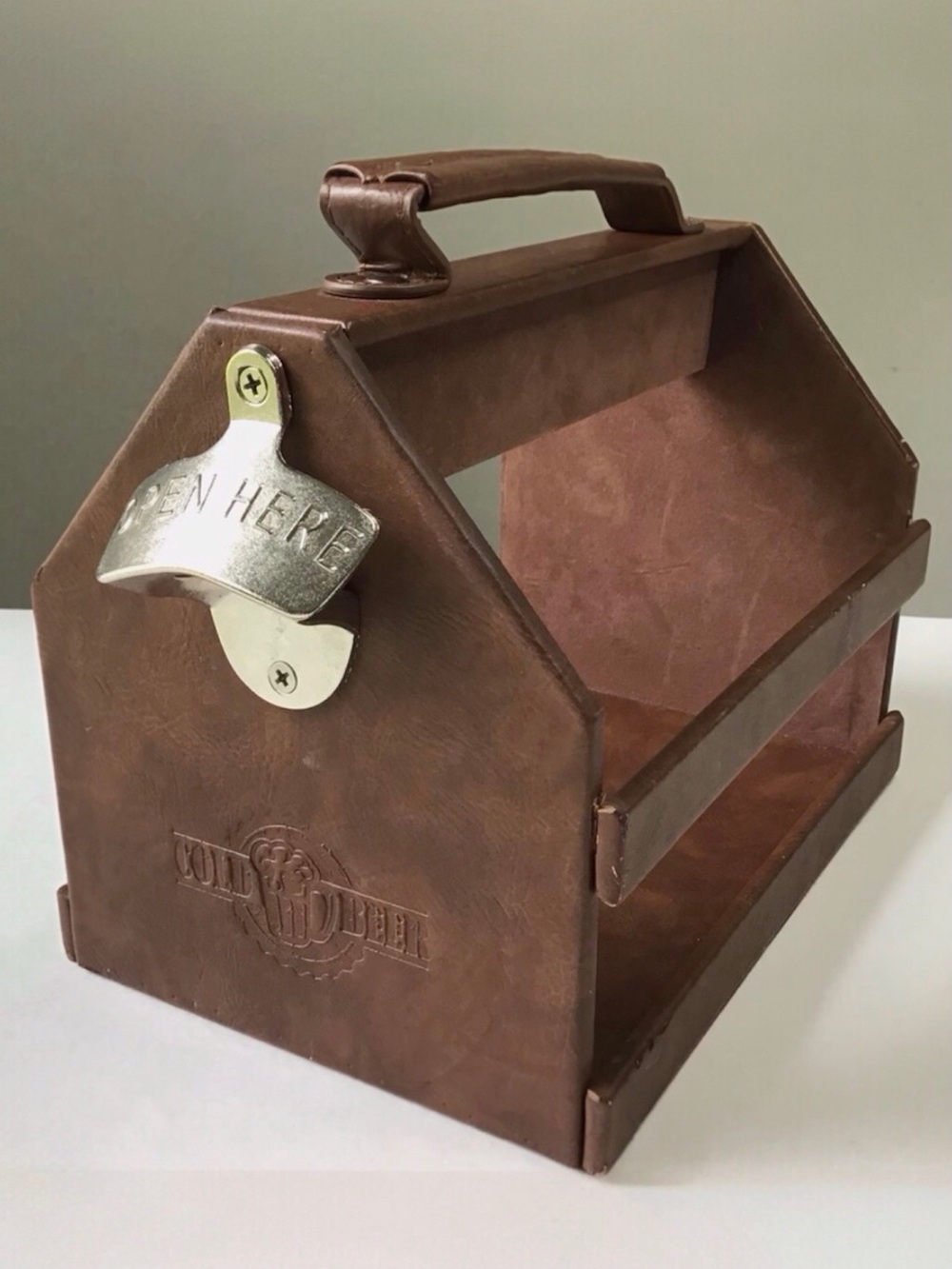 Beer Caddy with Built-In Bottle Opener and Pocket Brown Faux Leather “Cold Beer”